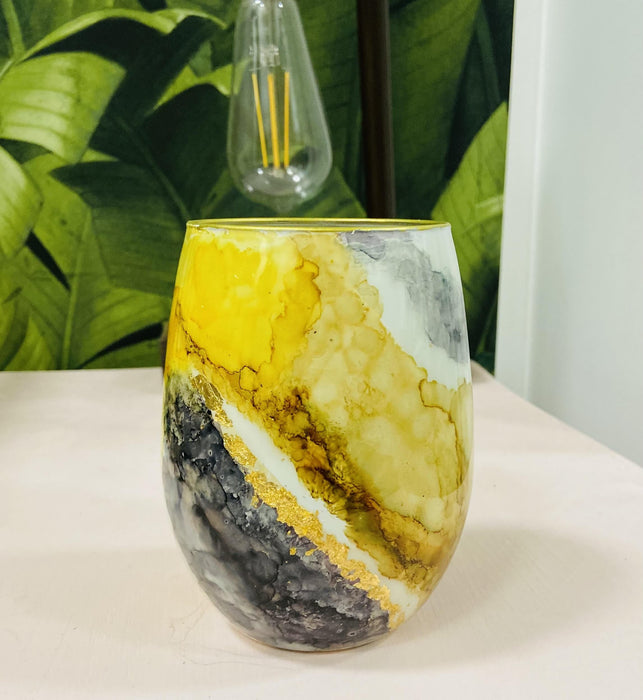 Soleil Bris 20oz. Yellow with Black and Gold Hand Made Single Stemless Wine Glass