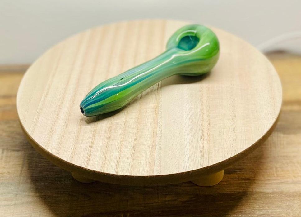 Happy Buds Green on green marbled design Hand blown Glass Spoon Pipe
