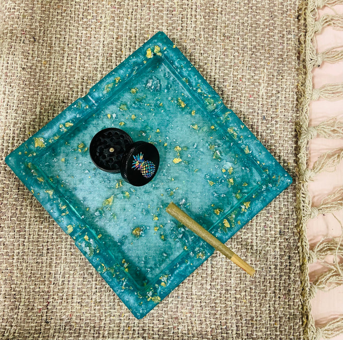 Soleil Bris Large Turquoise with Gold Speckled Square Hand Made Resin Ashtray