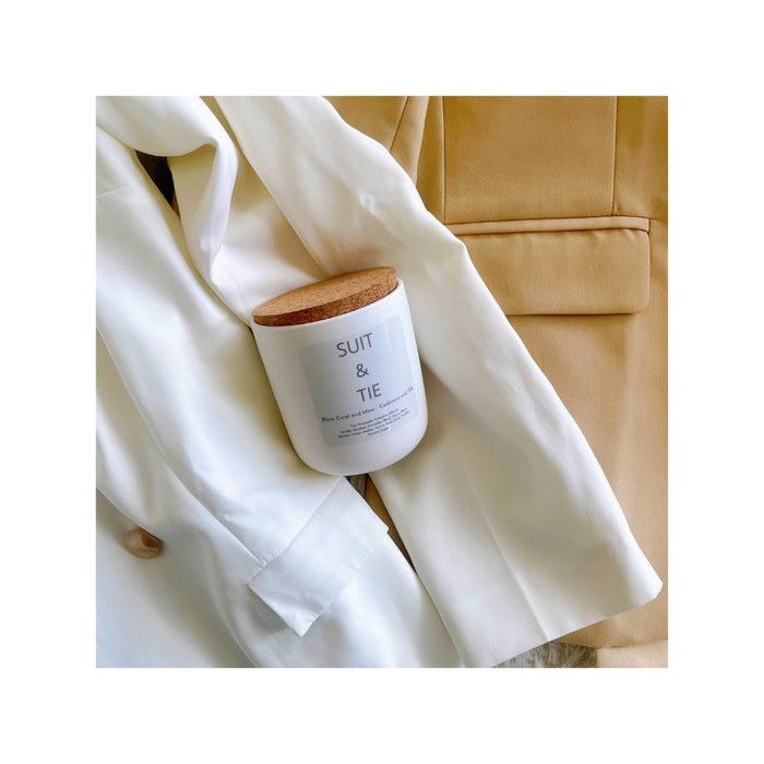 Maison Bri Suit & Tie: Black Coral and Moss – Cashmere Silk - Confidence Candle - 13oz. Ceramic jar