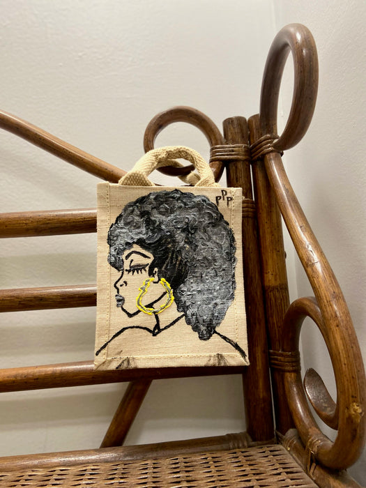 PPP Artwork Hand Painted Small Tote  - Black and Grey Mohawk fro