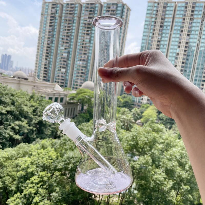 Happy Buds 12 inch Clear Glass Water Bong with Pink accent base