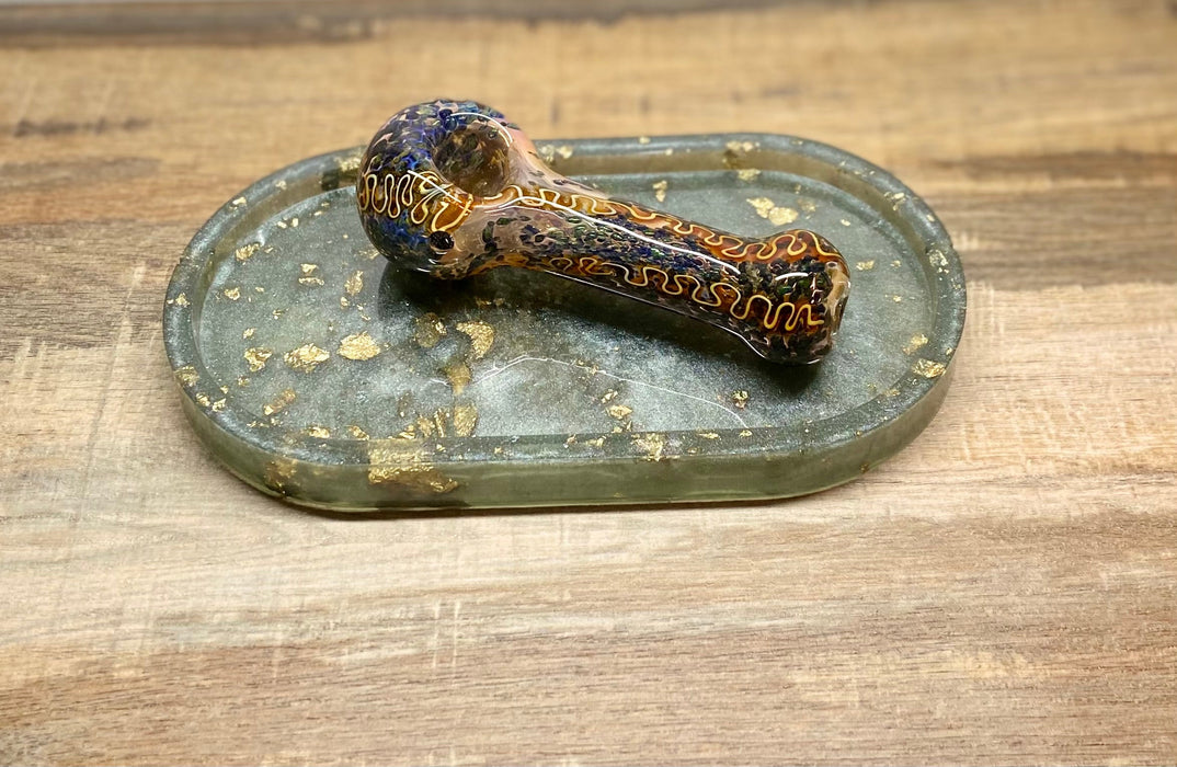 Happy Buds Blue with Orange design Hand blown Glass Spoon Pipe