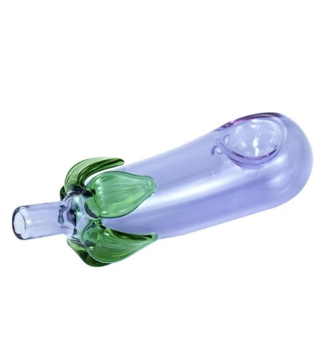 Mini Eggplant  Smoking Glass Pipe in purple with green leaves