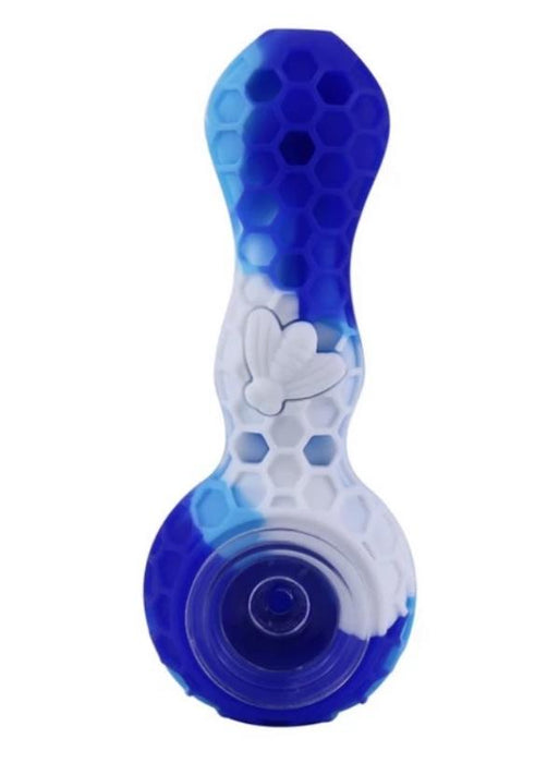 Honeycomb Design Unbreakable Food Grade Silicone Straw Hand Pipe with Glass Bowl - Blue with White