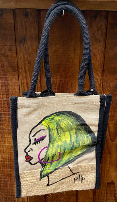 PPP Artwork Hand Painted Small Tote with Black trim- YELLOW SHORT BOB SIDE DO