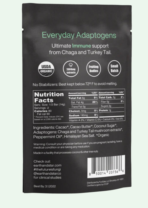 EARTH AND STAR Minty Chocolate Bar - Dark Chocolate + functional mushroom extracts