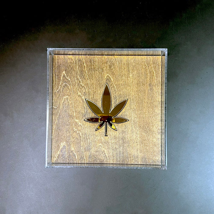Haus of Topper Objects Canna Leaf Wood & Gold Mirrored Acrylic Rolling Tray