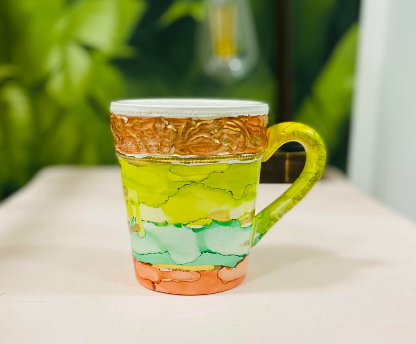 Soleil Bris Yellow with Coral Green Swirl and Gold Hand Made Drinking Mug