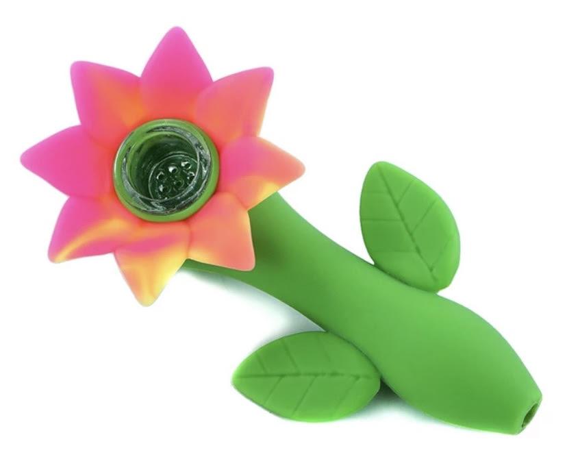 Sun flower Silicone  Smoking Pipe with Glass bowl "Pink with Orange"