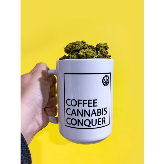 Just Get High™ Coffee Mugs: Highest Bitch • Coffee Cannabis Conquer WHITE