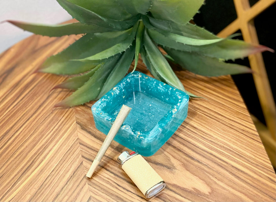 Soleil Bris Light Turquoise Blue with Gold Speckled Hand Made Resin Square Ashtray
