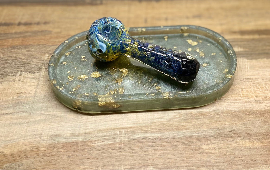 Happy Buds Navy Blue with Blue and green design Hand blown Glass Spoon Pipe