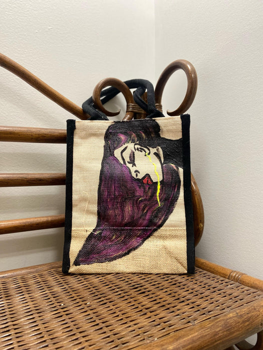 PPP Artwork Hand Painted Small Tote with Black trim- Purple Long hair side swoop